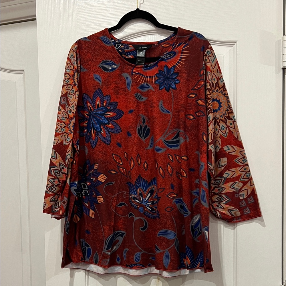 Ali Miles Floral Red and Blue Women's Top Size 1X